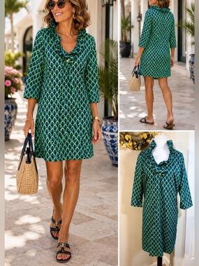 Sawyer Ruttle Neck Dress Green Blue Geometric Resort Sz M 💛